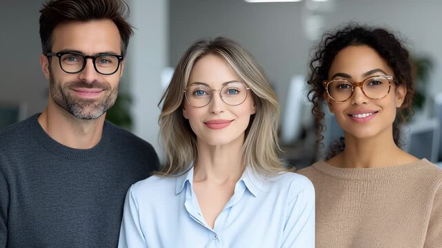 Portrait of three adults wearing eyeglasses smiling at camera, vision care, optical fashion and professional lifestyle concept