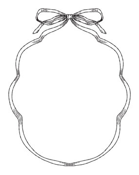 Vintage ribbon frame with decorative bow sketch. Elegant hand-drawn wavy border and retro flourish. Minimalist black ink vector crest for invitations