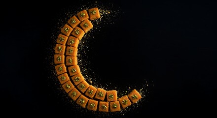Obraz premium Baklava Crescent Moon Dessert with Pistachios on Black Background