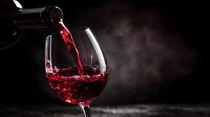 Red wine pouring into a crystal glass, dark elegant background, high speed photography