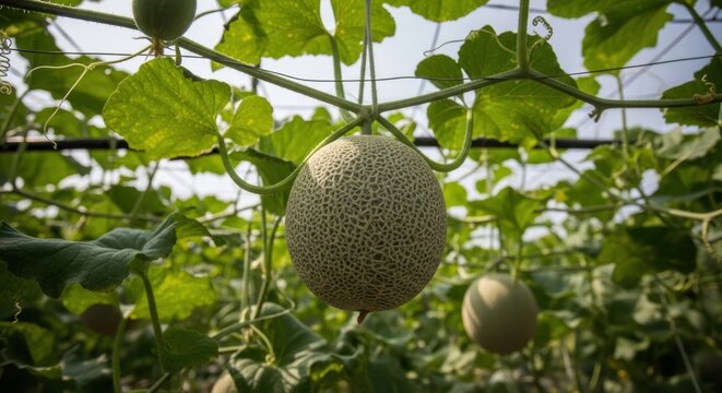 Fresh Cantaloupe Melon Growing on a Vine in a Greenhouse Farm.