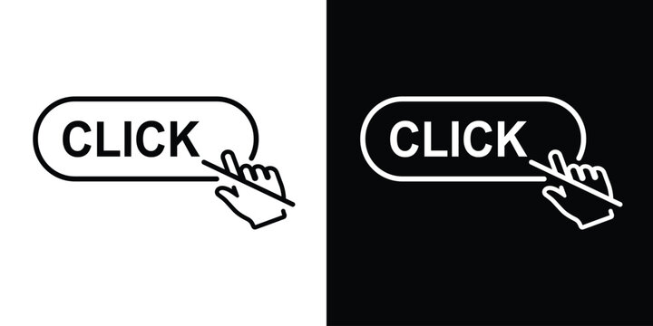 Cursor hand clicking a "CLICK" button. Minimalist black and white vector icons for web interface design, call to action, and digital interaction. Set of two line art styles.