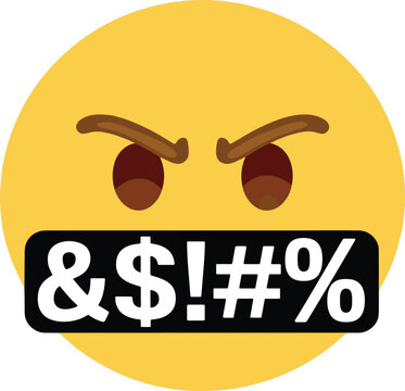 Angry yellow face emoji with swearing symbols covering mouth for expressive social media chat messaging.