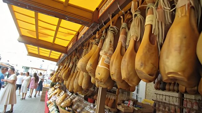 Italian Deli Display of Cured Meats Hanging at an Outdoor Market