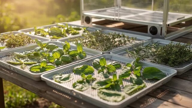 Medium shot of herbs laid out in solarassisted dehydration trays emphasizing natural air flow and sunlight in renewable food preservation processes.