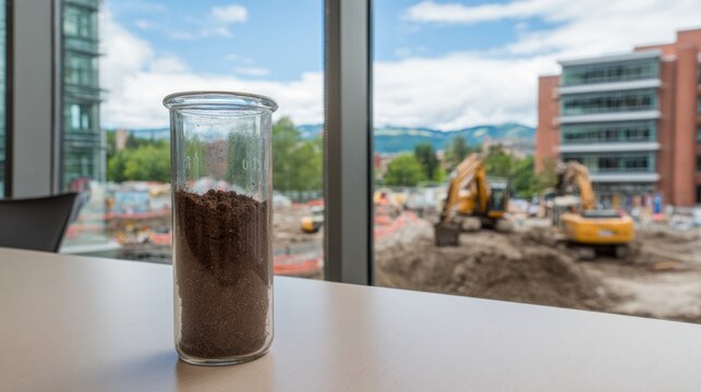 Soil Test Tube Stands on a Lab Table With a Construction Site View in the Background During Active Analysis Session in Laboratory