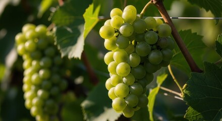 Fototapeta premium Lush Green Grapes Ripening on the Vine in a Sunny Vineyard.