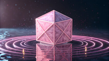 Futuristic pink geometric cube levitating over reflective water surface with ripples and glowing aura in cosmic space