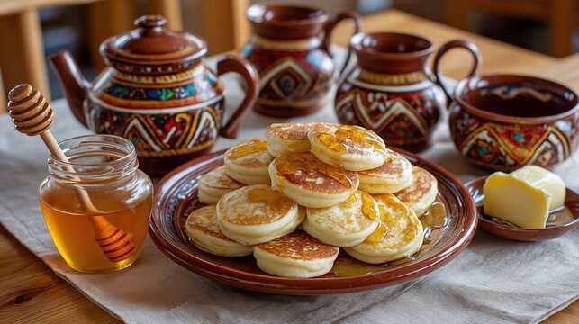 Stack of mini pancake with honey on ceramic plate served with teapot and cup on table. Traditional breakfast concept symbolizing warmth, hospitality and sweet comfort