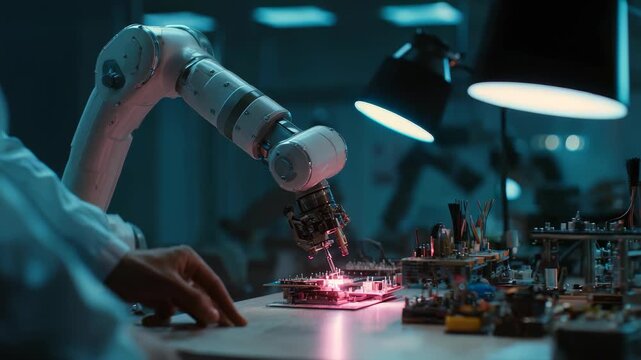 Advanced robotic arm precisely assembles electronic components on a circuit board in a high tech laboratory. Futuristic automation and artificial intelligence in modern manufacturing are showcased