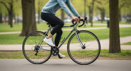 Fototapeta premium Person riding a bicycle on a paved path in a park with trees.