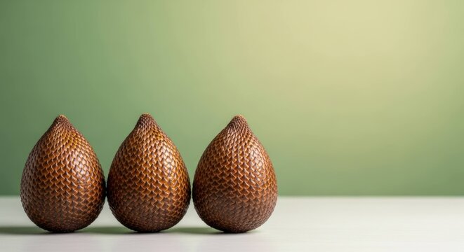 Three Salak Fruits on a White Surface with Green Background.