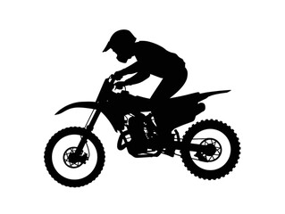 Motocross rider performing jump silhouette, minimalist black vector illustration for extreme sports, racing, and adventure theme