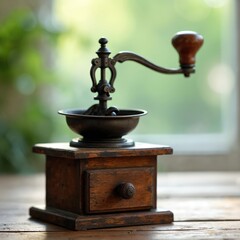 Old wooden coffee grinder with metal parts sits on table. Manual mill for grinding beans with aroma. Rustic kitchen item for making beverage.