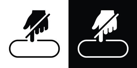 Hand finger pointing at a blank button with a diagonal strike-through line. Minimalist black and white vector icon representing "no click" or "prohibited interaction."