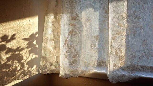 Sunlight casts a shadow of leaves on a textured wall, with ornate lace curtains