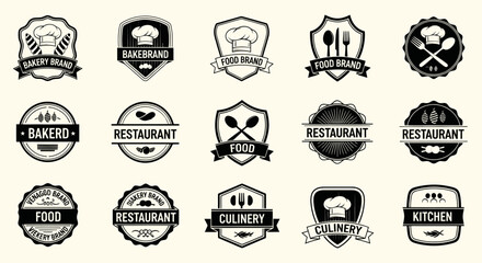 Fototapeta premium Collection of 15 black and white food and bakery badge logos, featuring chef hats, utensils, and text