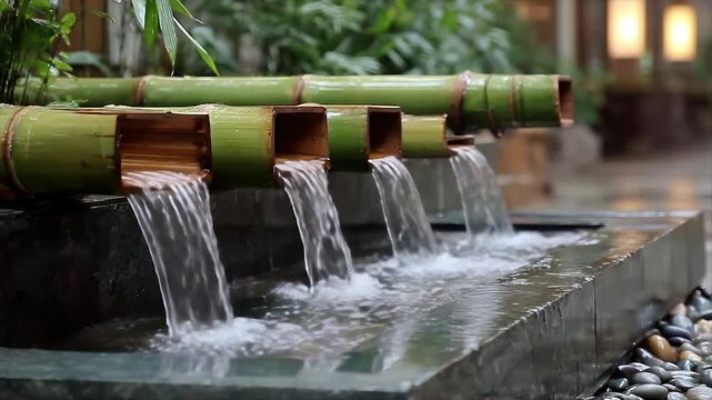 A tranquil bamboo fountain with flowing water, creating a serene ambiance