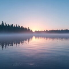 Sunrise over a misty lake with forest silhouettes reflected on tranquil waters.