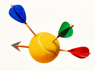 Tennisball mit Pfeilen durchbohrt,