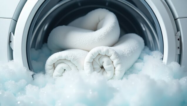 Toallas blancas girando r&aacute;pidamente en una lavadora llena de gruesas y espumosas burbujas de jab&oacute;n