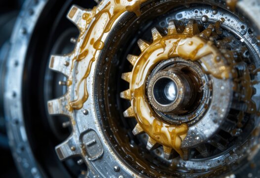 Mecanismo de engranajes recubierto con aceite automotriz, destacando el proceso de lubricaci&oacute;n, protecci&oacute;n y reducci&oacute;n de la fricci&oacute;n del metal