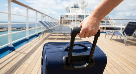 Hand holding a travel suitcase with a handle close-up, on the background of a blurred cruise liner. Close-up of a hand with a suitcase on the background of a ship. Concept of tourism and travel