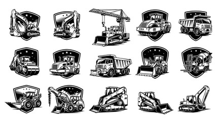Collection of construction equipment icons featuring excavators, bulldozers, cranes, loaders, and dump trucks with shield backgrounds