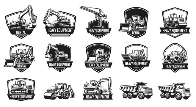 Collection of black and white construction machinery logos featuring excavators, bulldozers, and dump trucks with labels