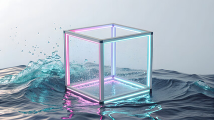Pastel neon glowing open frame cube levitating over water waves minimal futuristic design 3d render