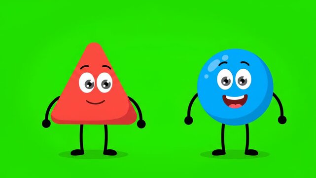 Happy cartoon red triangle and blue circle characters with faces and limbs dancing on a vibrant green screen background, ideal for educational content.