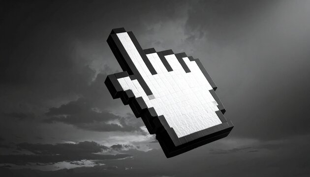 "3D pixelated hand cursor pointing upward"
