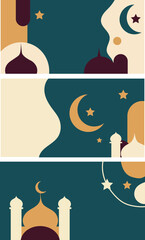 Islamic horizontal banner set with mosque silhouettes crescent moon and stars in modern abstract style for ramadan kareem celebration