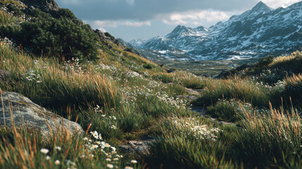 Scenic mountain valley with a winding path through wildflowers and tall grass