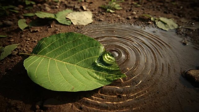 A close-up of a green leaf in water, creating concentric ripples. Earthy tones