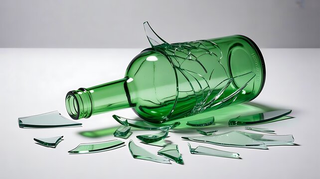 Broken green glass bottle shattered on surface representing damage waste and recycling concept