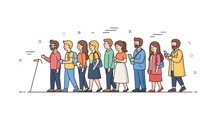 Plakat Diverse group of young adults and adults walking together with phones and devices