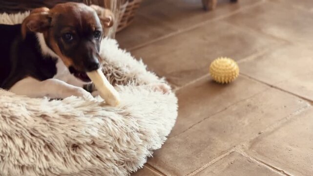 Tricolor Puppy Grabbing Natural Bone Treat and Chewing in Cozy Dog Bed Indoors