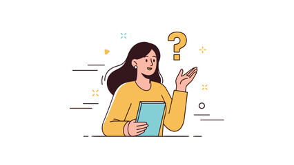 Fototapeta na wymiar Young caucasian female with book gesturing question mark cartoon
