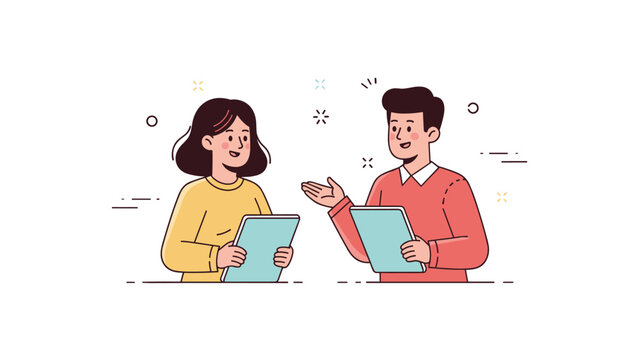 Animated conversation with young asian male and female characters using tablets