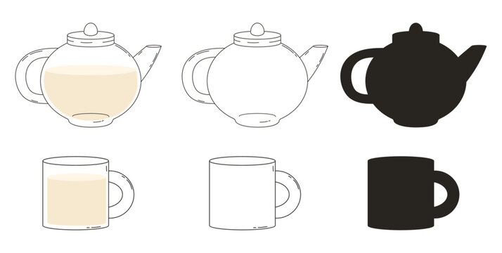 Glass Teapot and Mug Hand Drawn Set. Isolated Outline and Silhouette Variations Drawings. Vector Illustration