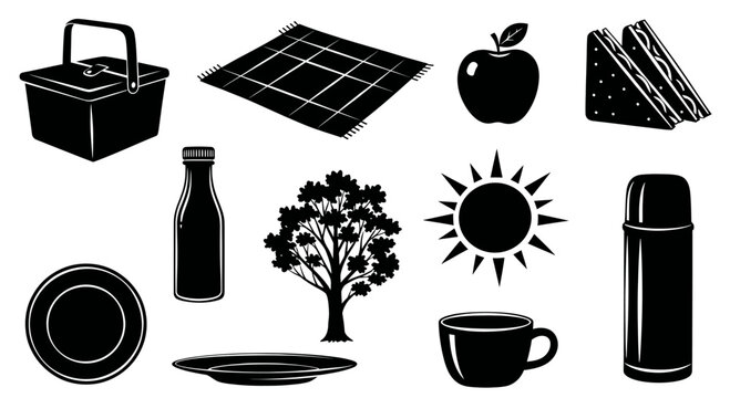 Collage of outdoor and picnic items including a basket, blanket, apple, cheese, bottle, tree, sun, cup, plate, thermos, and a dish
