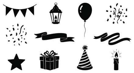 Naklejka premium Collection of black celebratory icons including banners, lantern, balloon, confetti, ribbon, gift, party hat, candle, star