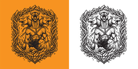 Cerberus Three Headed Hellhound Breaking Chains in Thorns