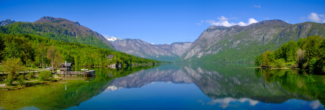 Panoramic view of Lake Bohinj and mountains in Slovenia