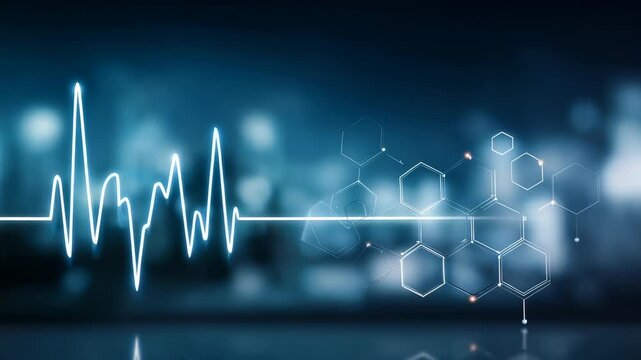 Futuristic digital heartbeat pulse line on a blue abstract background with hexagonal molecular structures and blurred city lights. Modern technology and healthcare innovation concept visualized
