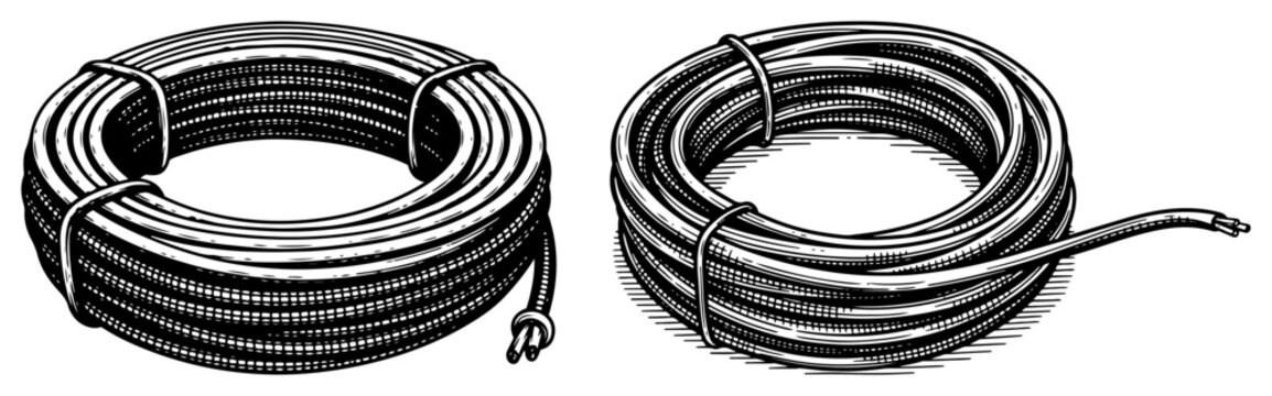 Detailed illustration of electrical cable coils and wire rolls in hand drawn engraving style