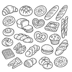 Hand-drawn bakery illustration set featuring various breads, pastries, donuts, croissants, and sweet treats in clean black outline. Perfect for bakery designs, coloring pages, menus, and food graphics