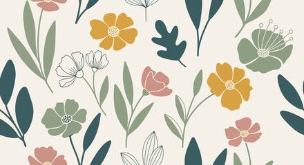 Colorful floral pattern with leaves and flowers in various hues.