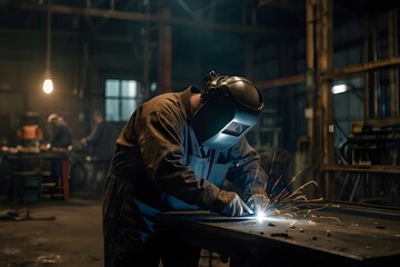 Heavy industry welding scene, dramatic lighting, wide shot
